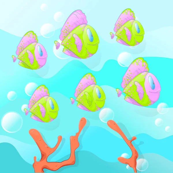 İki özdeş resimleri, çocuk, eğitim testi, mantıksal görev için eğitim görsel puzzle çocuklar ve gençler için bulun. Mavi bir arka plan karşı hava kabarcıkları arka plan üzerinde renkli karikatür balık playout. Vektör çizim