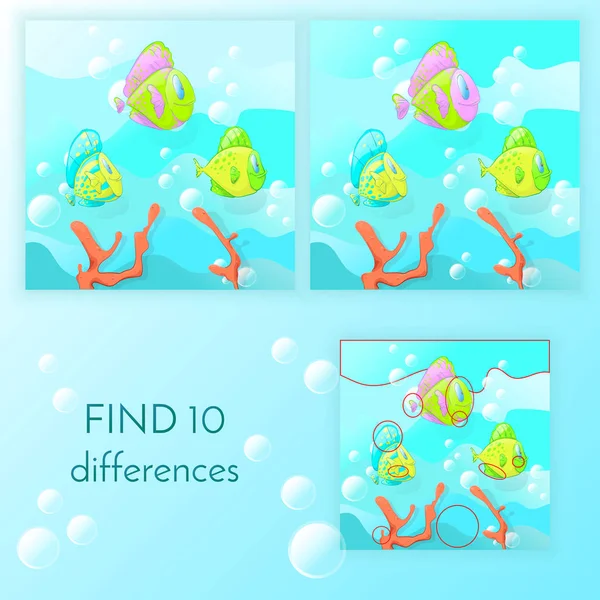 Çocuklar için eğitici bir oyun 10 farkları bul. Komik balık kabarcıkları ile mavi bir arka plan üzerinde yüzebilirsiniz. Vektör çizim, çocukların görevleri
