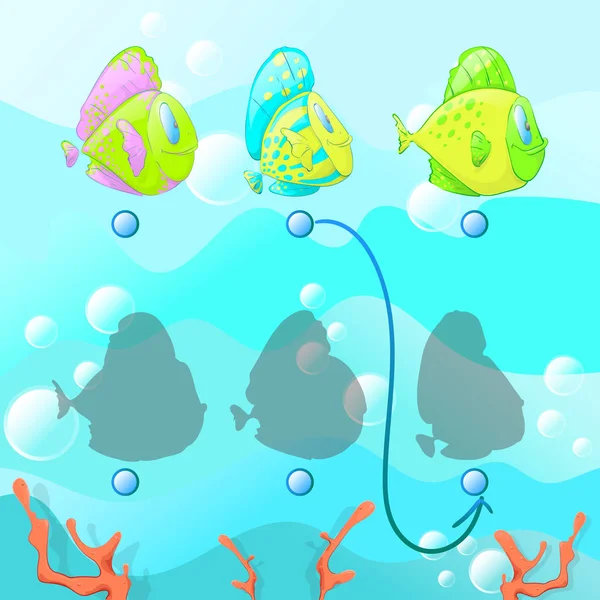 Çocuklar için eğitici bir oyun sağ gölge bulmak, eğitici çocuk puzzle oyunu. Bir kalemle çizin. Görev beyin için. Vektör çizim. Hava kabarcıkları arka plan üzerinde renkli ve güzel balık