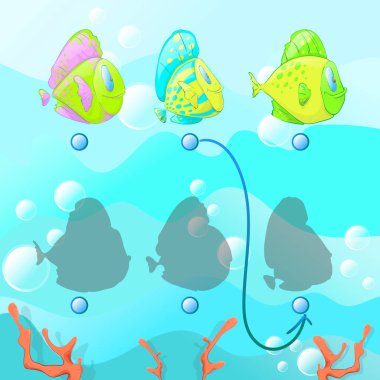 Çocuklar için eğitici bir oyun sağ gölge bulmak, eğitici çocuk puzzle oyunu. Bir kalemle çizin. Görev beyin için. Vektör çizim. Hava kabarcıkları arka plan üzerinde renkli ve güzel balık