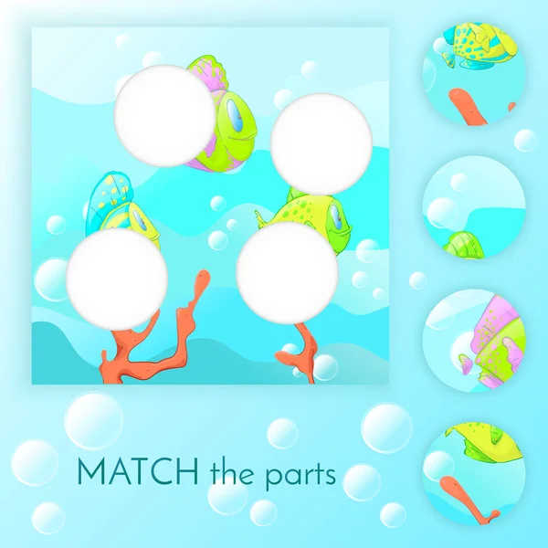 Çocuk eğitim oyunu ile uyum. Maç eğitim. Kabarcıkları ile mavi arka plan renkli balık yüzmek