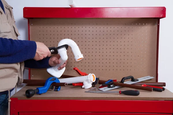 Plumber Work His Workbench Fit Pipes — Stock Photo, Image