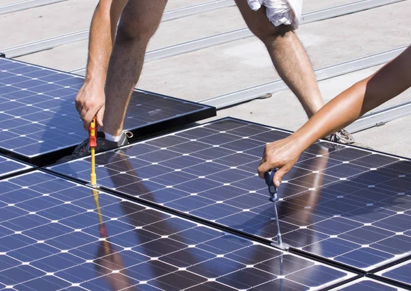 Fitting Photovoltaic Panels Roof Building — Stock Photo, Image