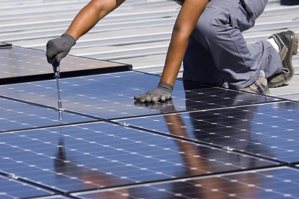 Fitting Photovoltaic Panels Roof Building — Stock Photo, Image