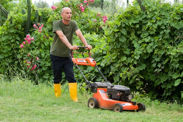 Gärtner Mäht Gras Auf Der Heimischen Wiese — Stockfoto