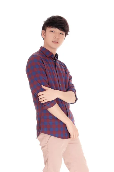 Bonito homem asiático em camisa quadriculada . — Fotografia de Stock