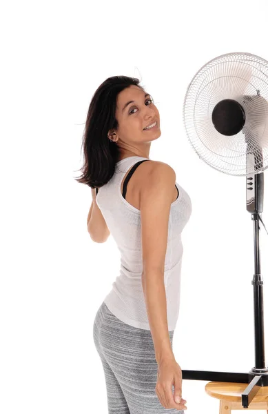 Woman cooling up on fan. — Stock Photo, Image