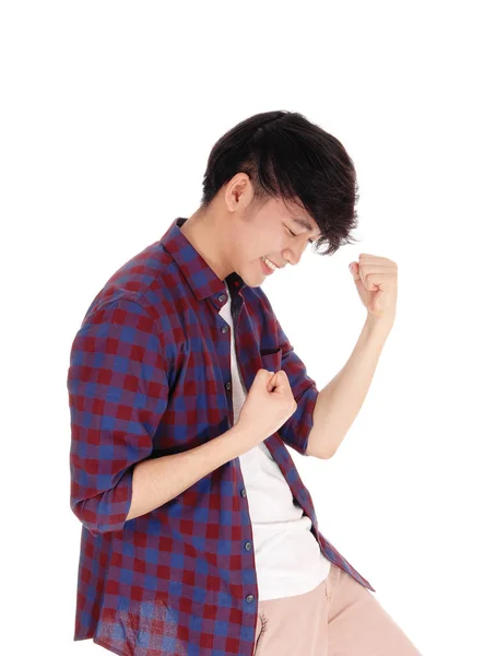 Happy Asian man in checkered shirt. — Stock Photo, Image