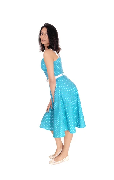 Schöne hispanische Frau im blauen Kleid. — Stockfoto