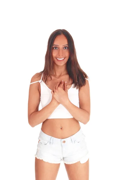 Happy smiling woman with her hands folded — Stock Photo, Image