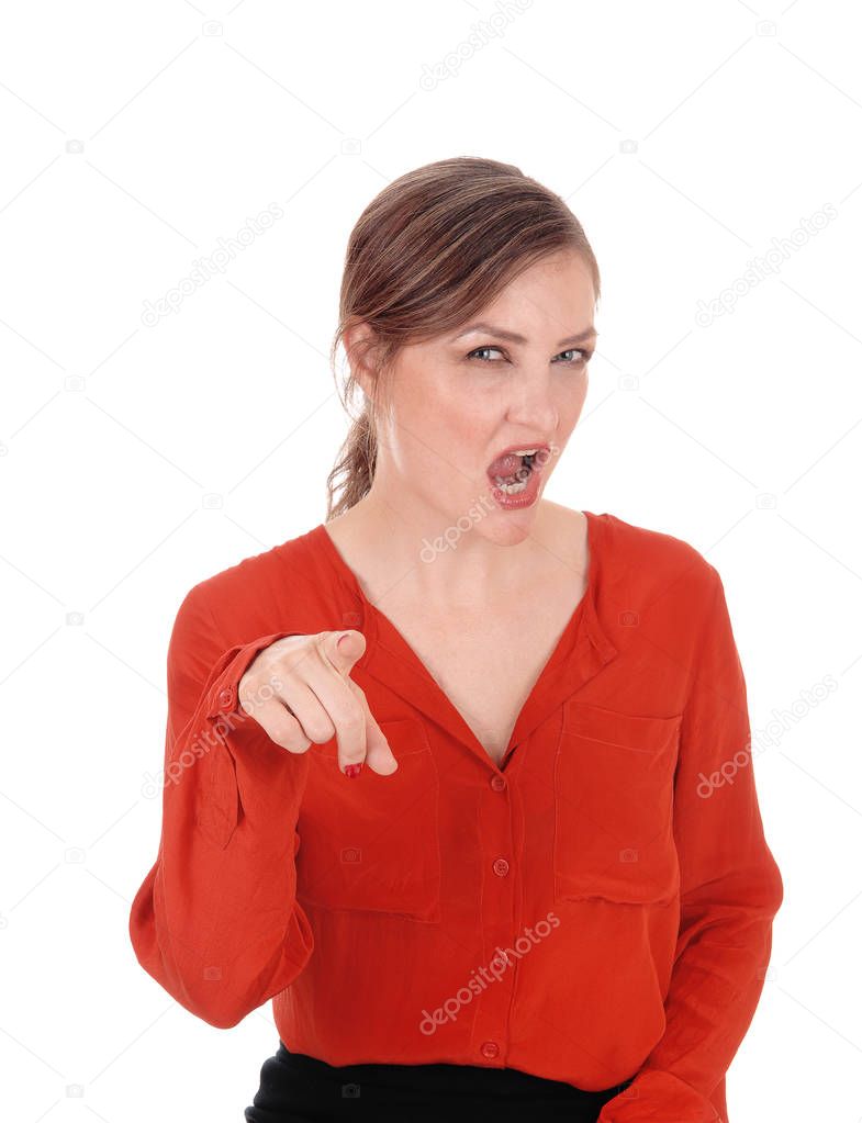 Woman pointing finger and shouting