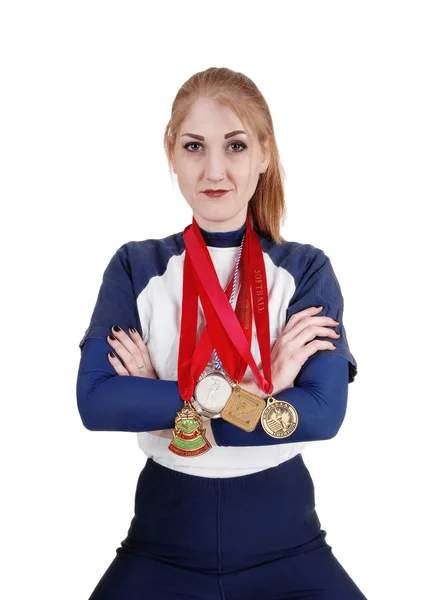 Een portret van de close-up van vrouw met medailles — Stockfoto