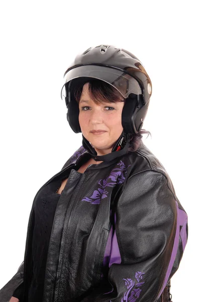 Frau mittleren Alters mit Helm und Jacke — Stockfoto