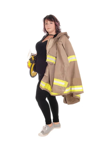 Fire fighting woman with jacket and helmet — Stock Photo, Image