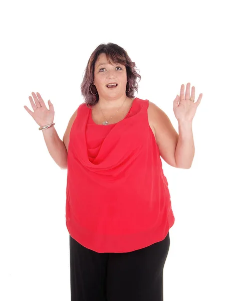 Surprised woman with hands raised — Stock Photo, Image