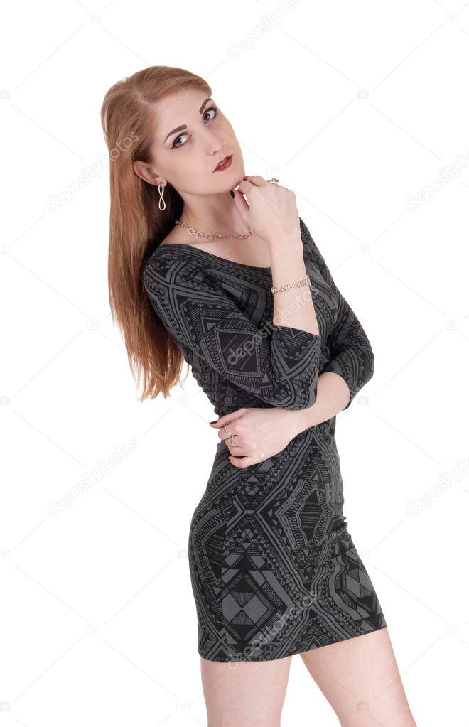 Beautiful slim woman in gray dress