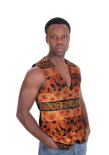 Handsome African man in a vest without shirt — Stock Photo, Image