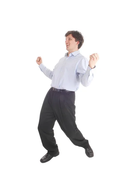 Happy young man dancing in shirt and dress pants — Stock Photo, Image