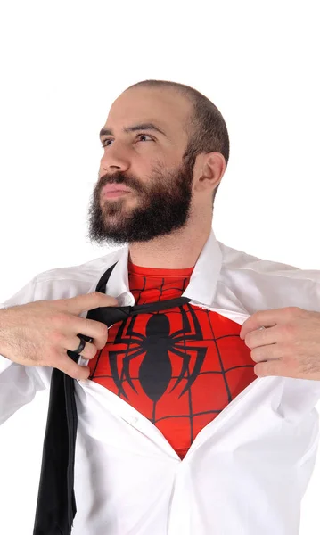 Young handsome man showing his spider man shirt — Stock Photo, Image