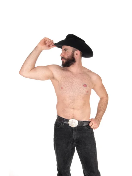 Homme torse nu avec un chapeau de cow-boy, détournant les yeux — Photo