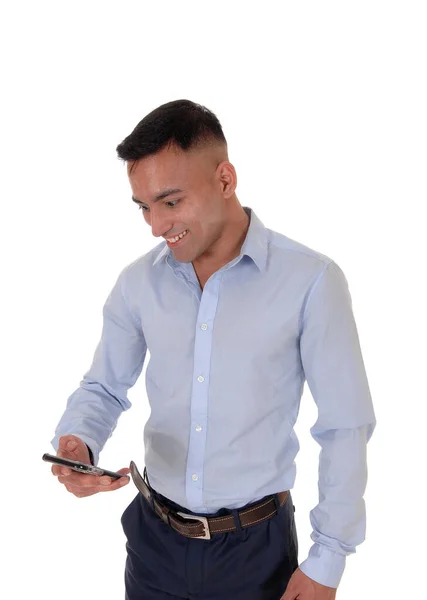 Happy man looking at his cell phone — Stock Photo, Image