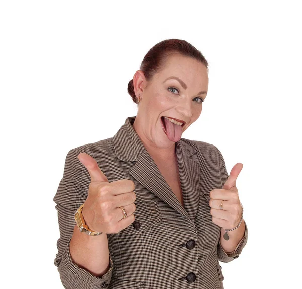 Mujer de negocios haciendo un gesto OK con dos pulgares hacia abajo — Foto de Stock