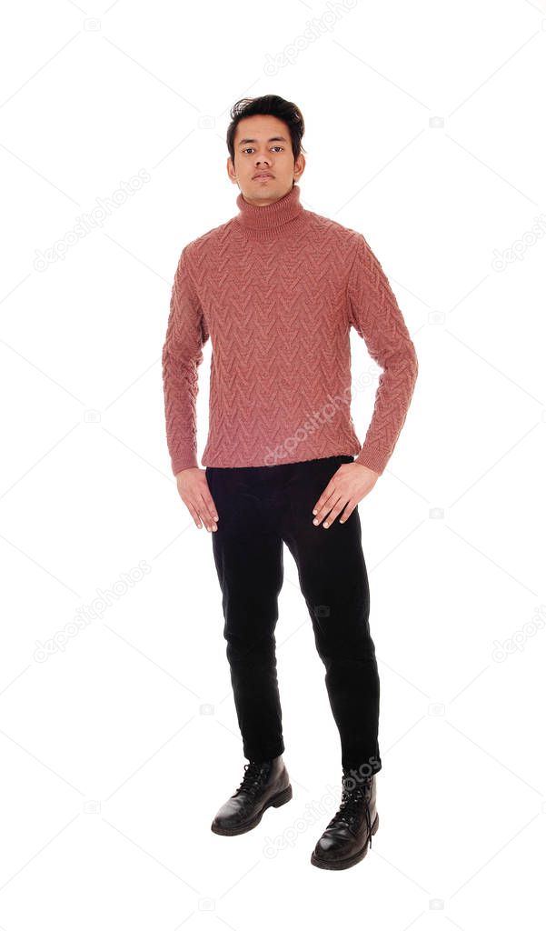 Pretty young man standing in a sweater in the studio
