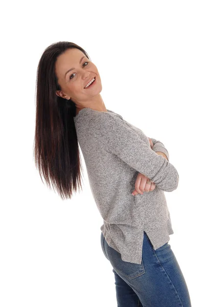 Beautiful happy young woman bending backwards — Stock Photo, Image