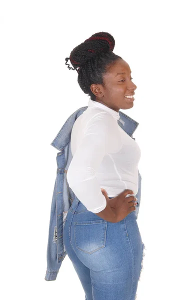 Μια Νεαρή Αφρο Αμερικανίδα Που Στέκεται Σκισμένο Τζιν — Φωτογραφία Αρχείου