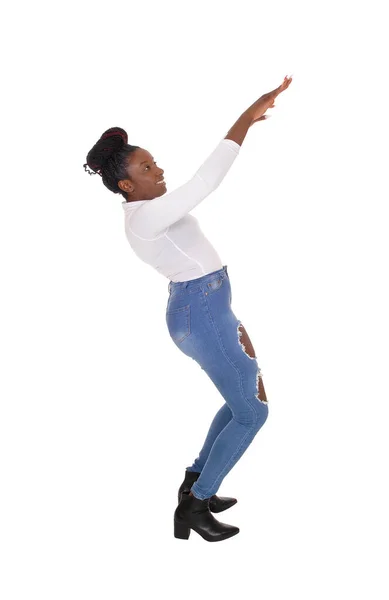Young African American Woman Standing Jeans Bending Backward — 스톡 사진