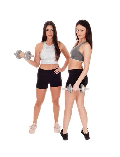Dvě Mladé Krásné Ženy Stojící Cvičení Oblečení Studi — Stock fotografie