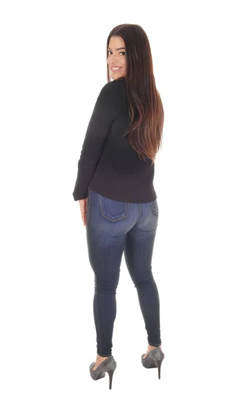 Une Magnifique Jeune Femme Debout Jeans Jacke Noir — Photo