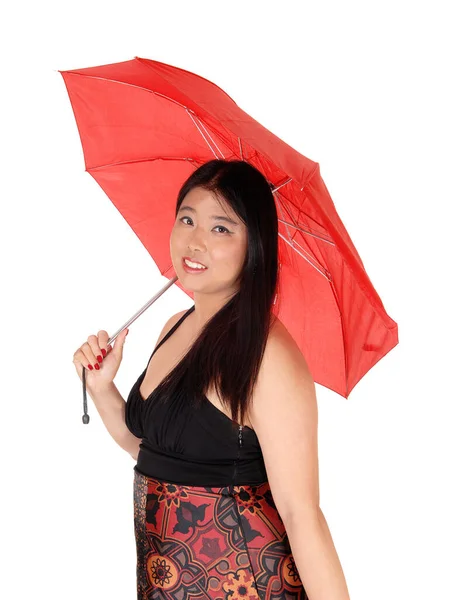 Nádherná Mladá Asijská Žena Šatech Stojí Drží — Stock fotografie