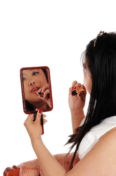 Une Femme Chinoise Miroir Visage Fixant Son Rouge Lèvres Tenant — Photo