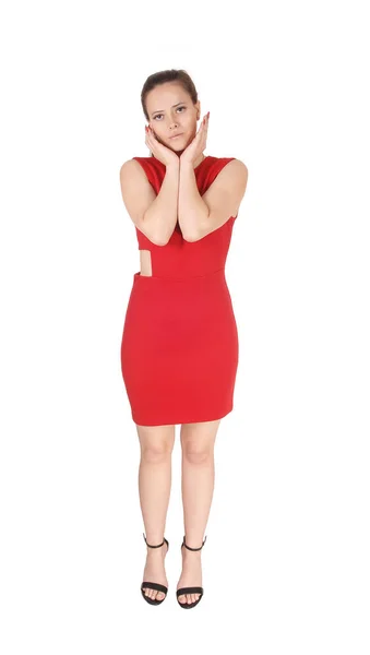 Lovely Young Woman Standing Red Dress Both Hands — Stock Photo, Image