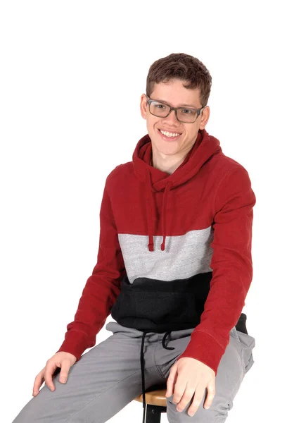 Young Teen Boy Sitting Studio Chair Wearing Glasses — Stock Photo, Image