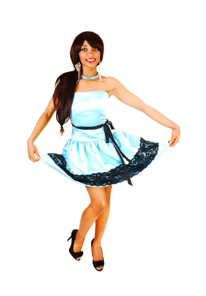 Gorgeous Young Woman Dancing Turquoise Dress High Heels — Stock Photo, Image