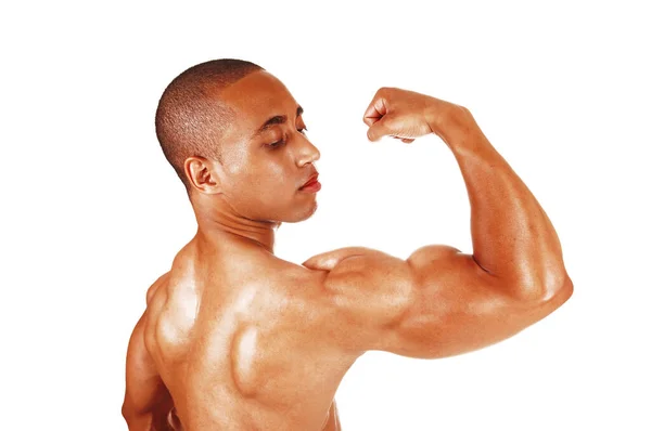 Jovem Homem Bonito Uma Imagem Close Flexionando Seu Bíceps Depois — Fotografia de Stock