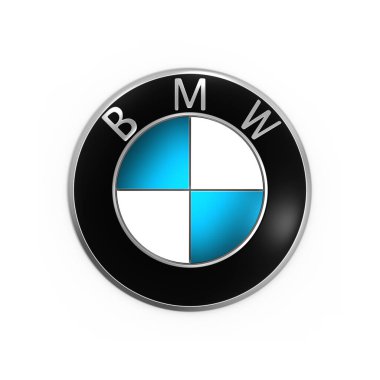 3D render Bmw logo kağıda basılmış ve beyaz zemin üzerine yerleştirilir. BMW Alman otomobil üreticisi olduğunu
