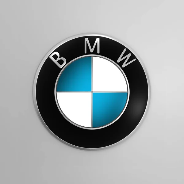 3d renderização BMW logotipo impresso em papel e colocado no fundo branco. BMW é um fabricante de automóveis alemão — Fotografia de Stock