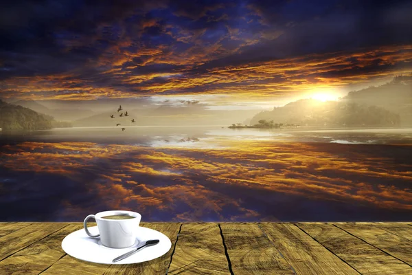 3d representación de hermoso paisaje con una placa con café fácil — Foto de Stock