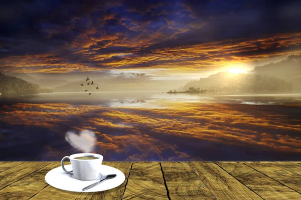 3D vykreslování krásné krajiny s deskou s snadné coffe — Stock fotografie