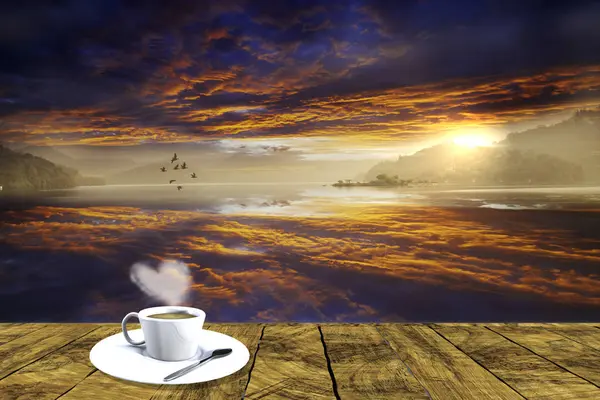 3d rendering of beautiful landscape with a plate with easy coffe — Stock Photo, Image