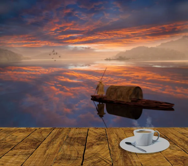 3d rendering of beautiful landscape with a plate with easy coffe — Stock Photo, Image