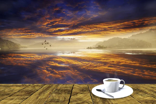 3d rendering of beautiful landscape with a plate with easy coffe — Stock Photo, Image