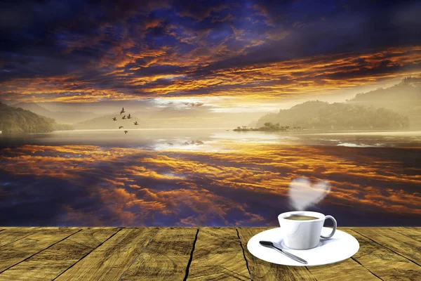 3D rendering ของภูมิทัศน์ที่สวยงามกับจานที่มีกาแฟง่าย — ภาพถ่ายสต็อก