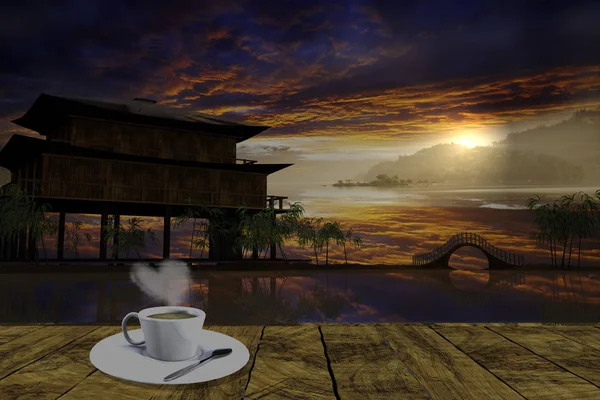 3D-weergave van het prachtige landschap met een plaat met eenvoudig koffie — Stockfoto