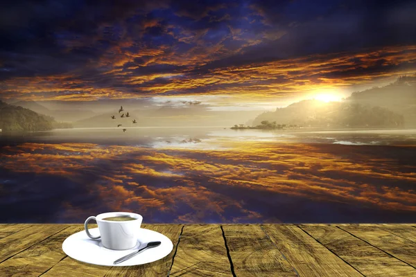 3d rendering of beautiful landscape with a plate with easy coffe — Stock Photo, Image