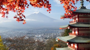 Mt. Fuji Imaging ile kırmızı akçaağaç sonbahar yaprakları, Japonya