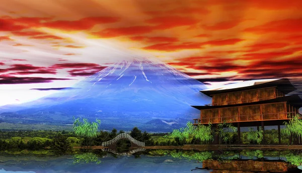 3d rendering of beautiful sunrise with nice mountain and temple — Stock Photo, Image